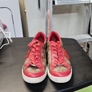 Coach Red and Brown Low-Top Sneakers with Lace-Up Closure